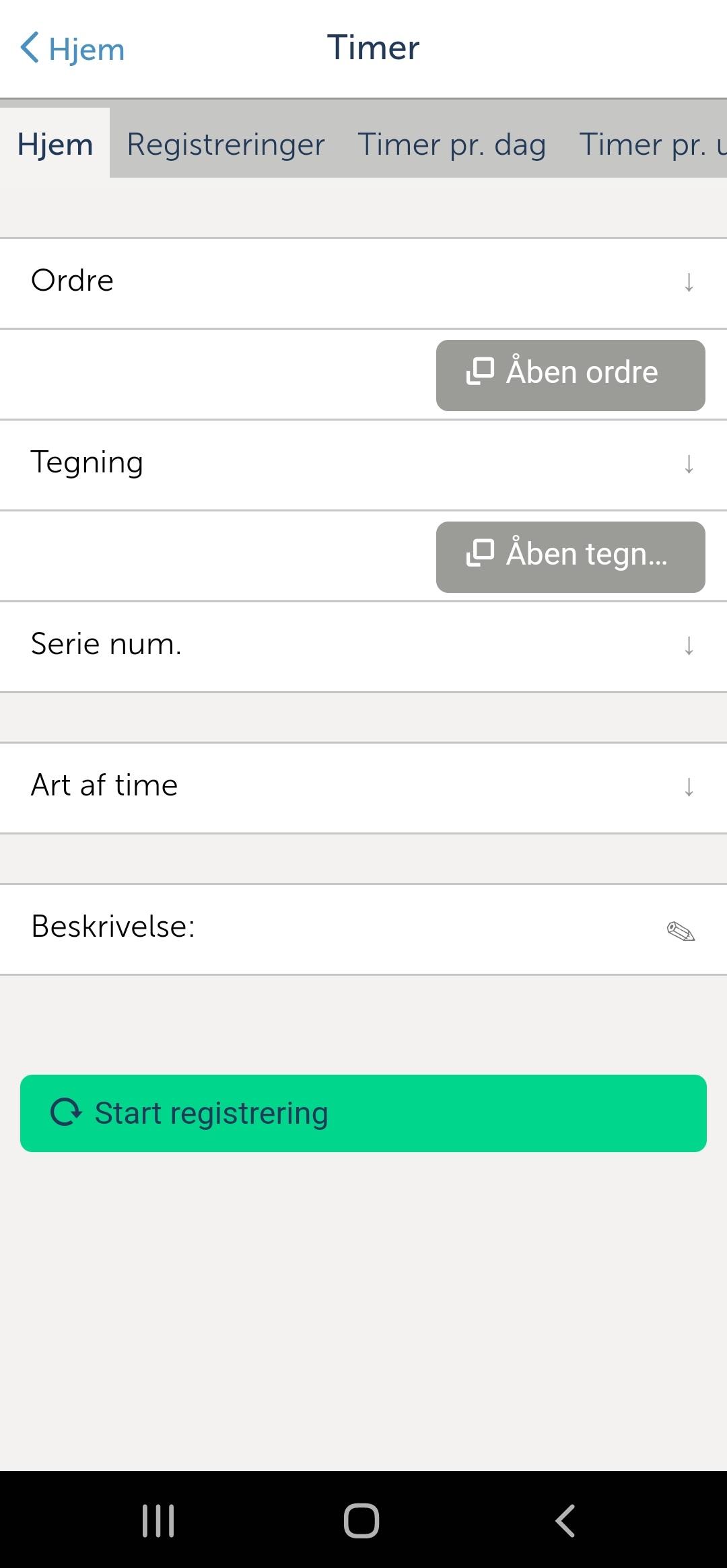 Et skærmbillede af timeregistrering på mobilen.