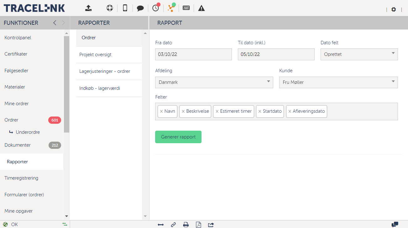 Skærmbillede af Tracelinks rapportmodul.