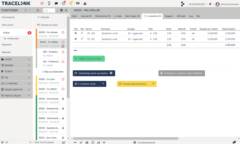 Skærmbillede af Modirs e-conomic fane.