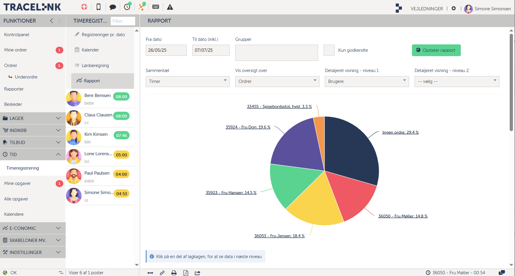 Et skærmbillede af timeregistrering på desktop.